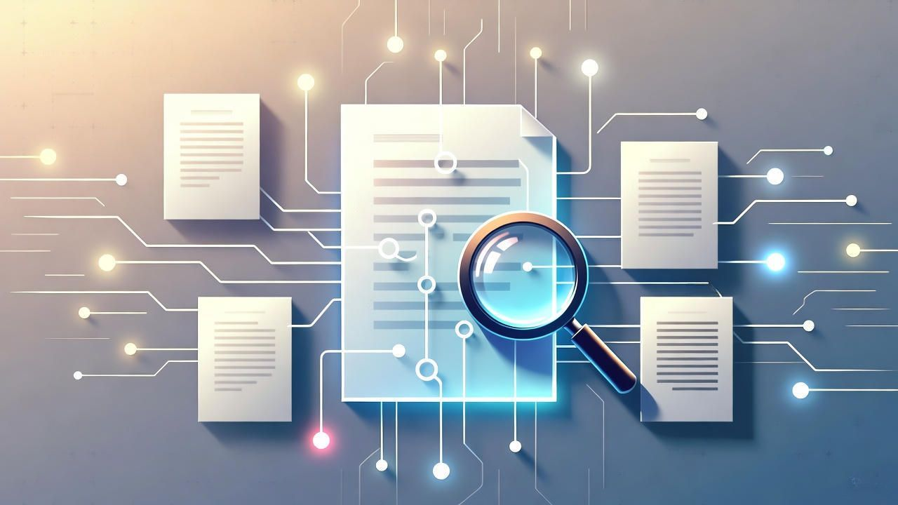 Digital illustration of a magnifying glass examining a central document connected to multiple other files through glowing network lines, symbolizing online plagiarism detection, document comparison, and data analysis technology.